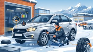 Иллюстрация зимнего технического осмотра автомобиля Lada в условиях холодного климата Восточного Казахстана