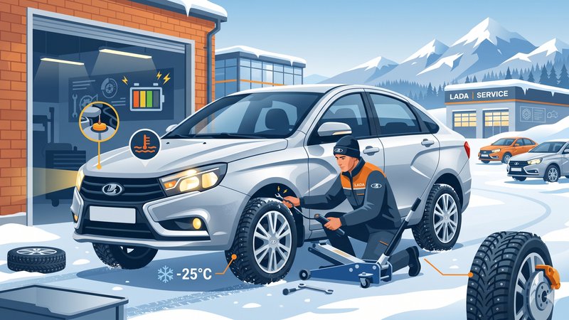 Иллюстрация зимнего технического осмотра автомобиля Lada в условиях холодного климата Восточного Казахстана