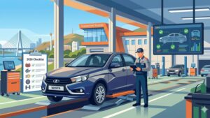 Современная иллюстрация автомобиля Лада на техническом осмотре с чек-листом подготовки в Усть-Каменогорске