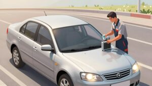 Механик проверяет систему охлаждения серебристой Lada перед летним техосмотром в сервисе Лада Аукг Усть-Каменогорск